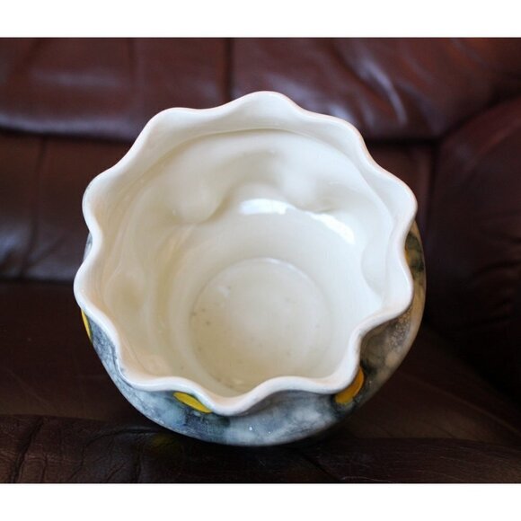 Polka dots Ceramic Black & Yellow Altered Vase Bubble Technique Organic Shape - Picture 8 of 11